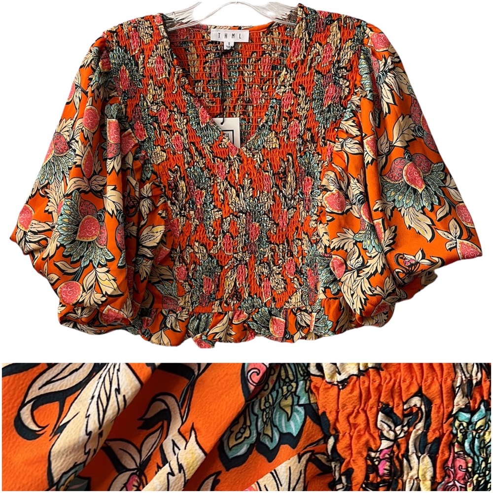 THML Pink and Orange Flutter Sleeve Crop Blouse